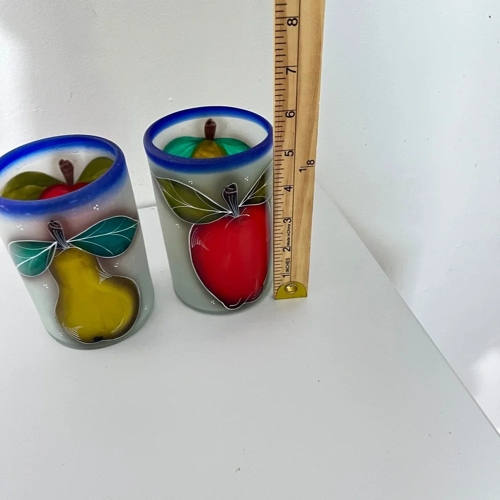 Vintage Mexican  Frosted Glass Tumblers  Multicolor Vintage Fruit Set of 2